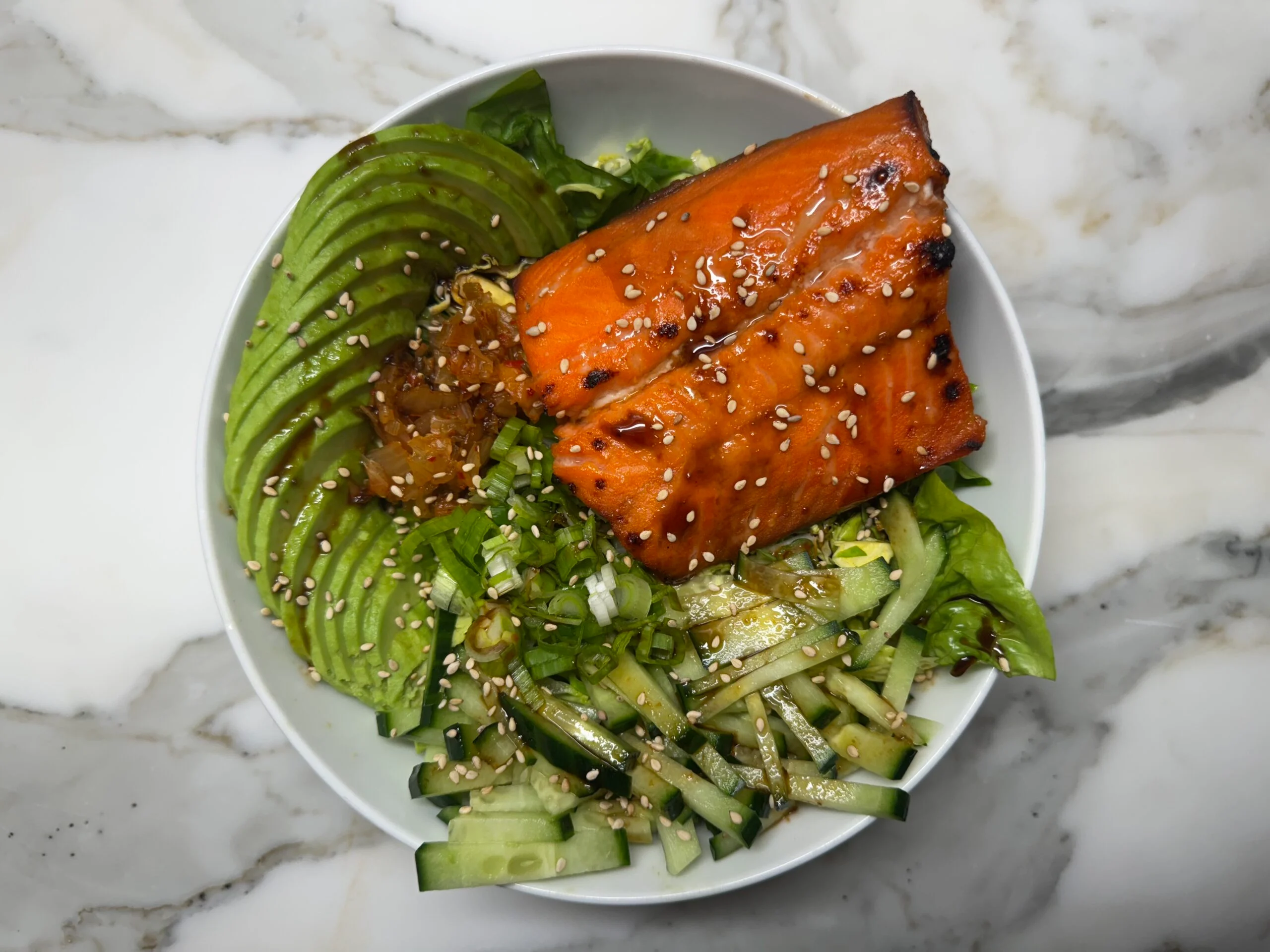 Miso Glazed Salmon Bowl: Fresh Greens and Crisp Veggies